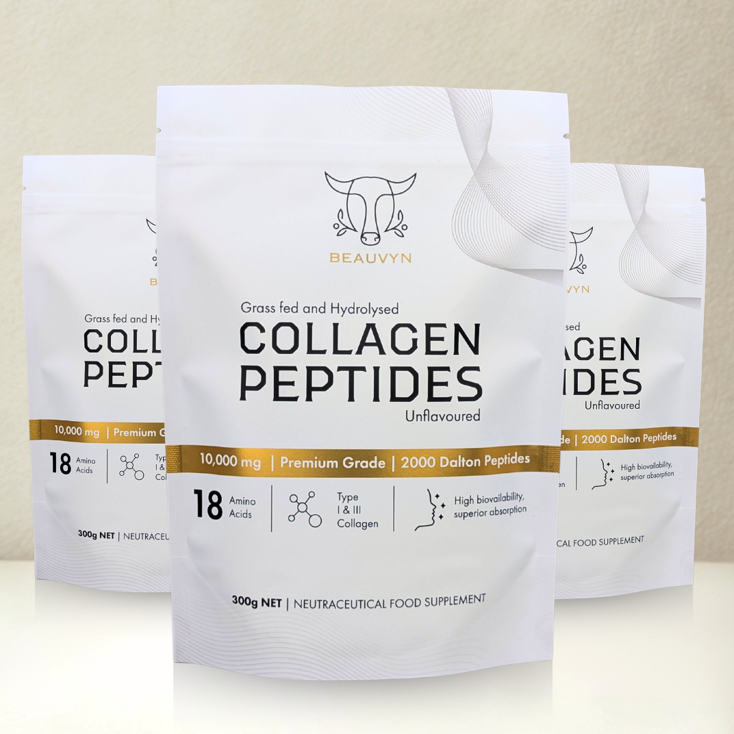 Beauvyn Collagen Peptides on a neutral background 3 pack
