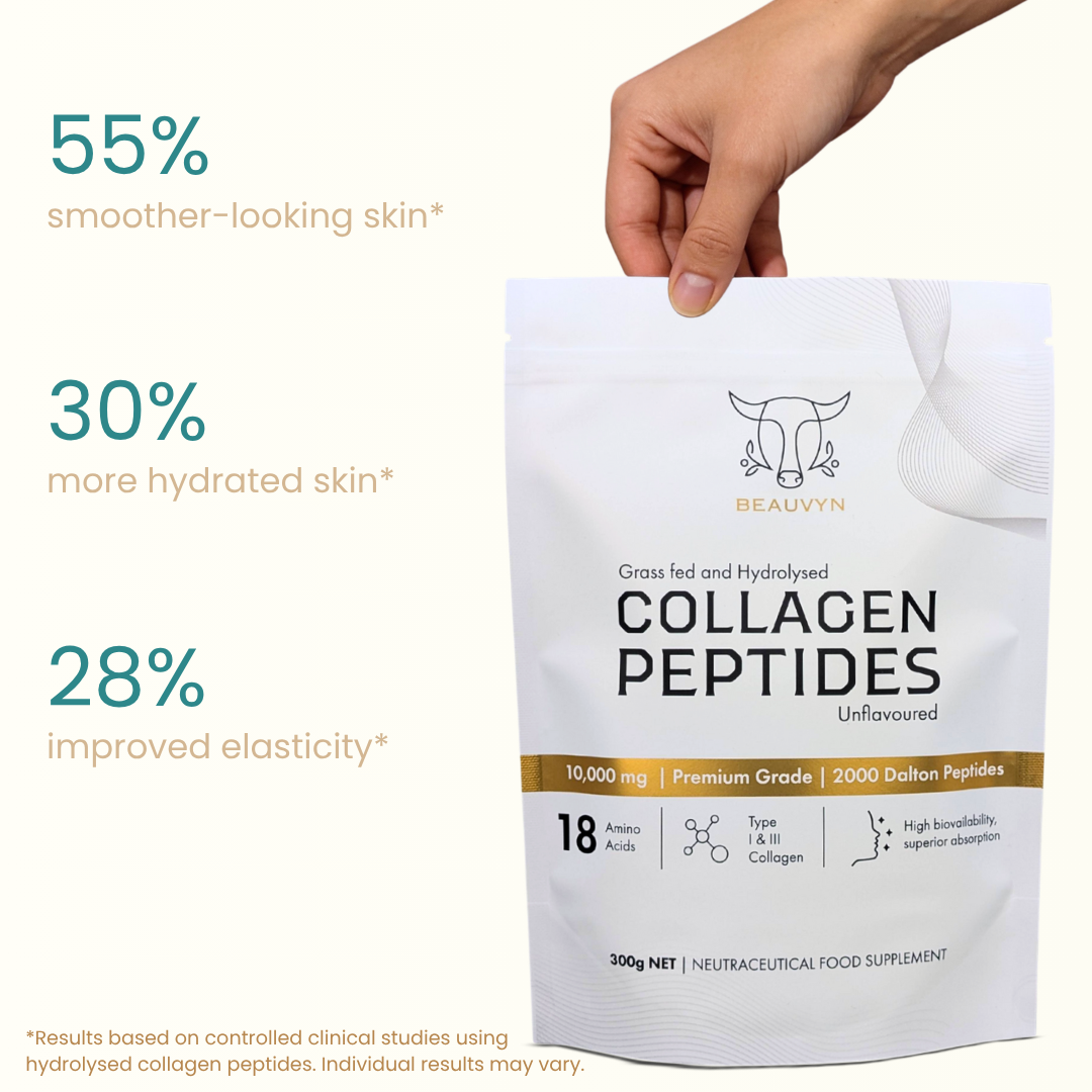 Clinically studied collagen peptides delivering up to 55% smoother-looking skin, 30% more hydration and improved elasticity. 2000 Dalton hydrolysed collagen. Halal certified. Beauvyn