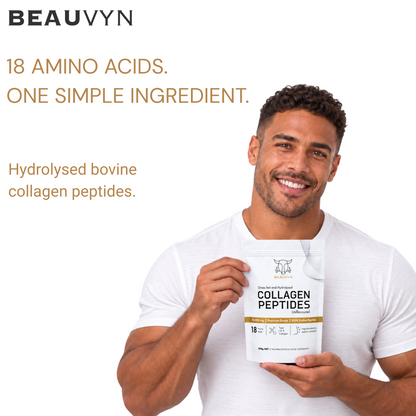 A smiling man in a white t-shirt holds a pouch of BEAUVYN Collagen Peptides. The image features promotional text on the left highlighting '18 AMINO ACIDS.