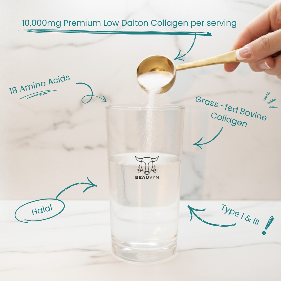 Premium Halal Collagen 10,000mg for skin, hair, nails & joints. High-absorption formula, pure and easy to use daily