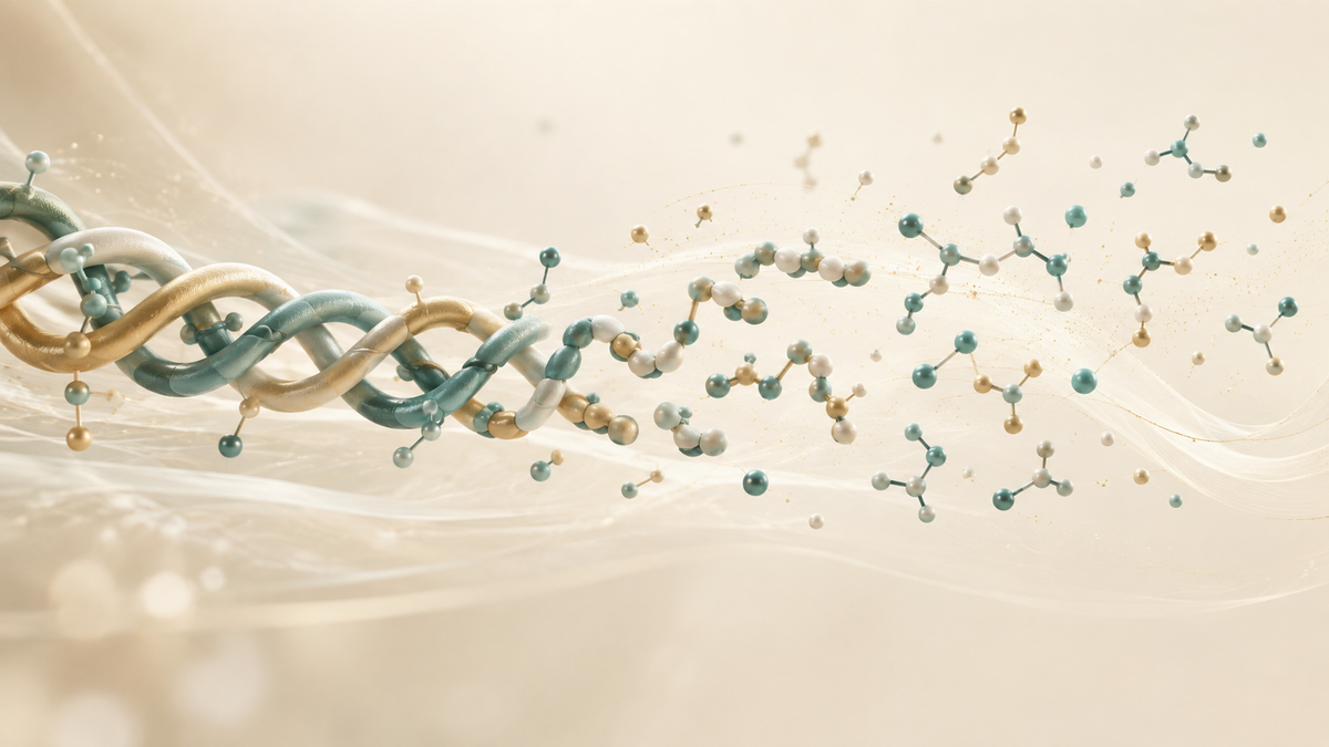 Scientific illustration showing a collagen triple-helix structure breaking down into smaller collagen peptide fragments.